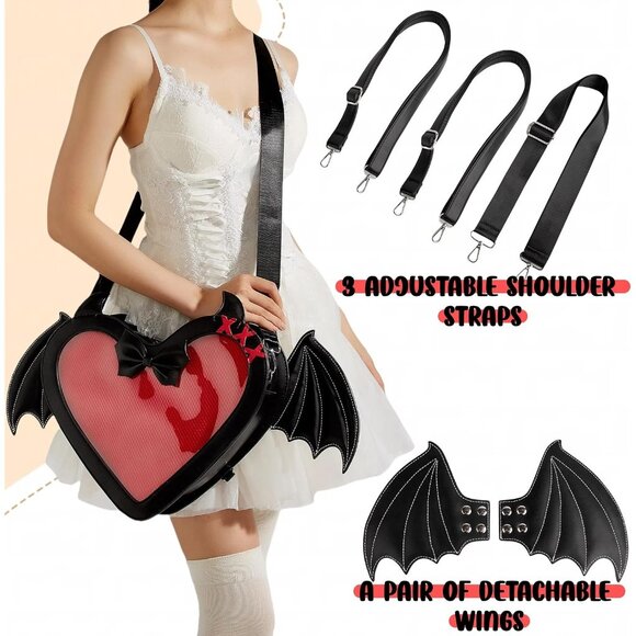 Gothic Heart Shaped Ita Bag with Bat Wings Backpack and Crossbody Purse - Picture 5 of 9